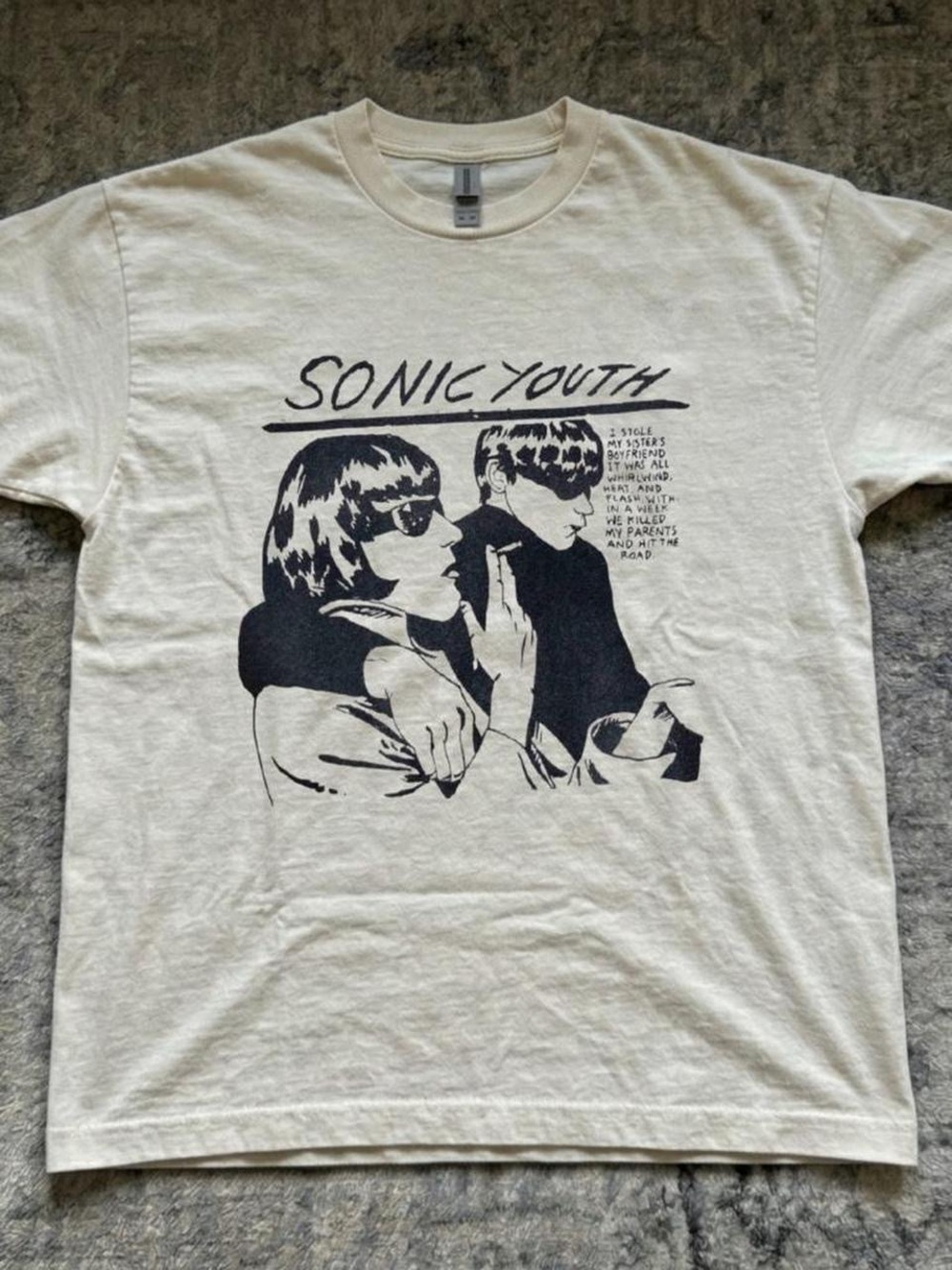 Gildan Cream Short Sleeve Tee with Black Sonic Youth Graphic